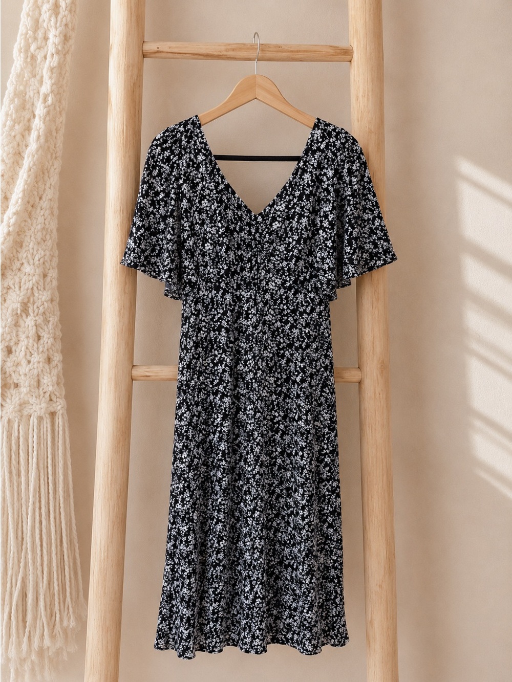 Floral V-Neck Black Midi Dress